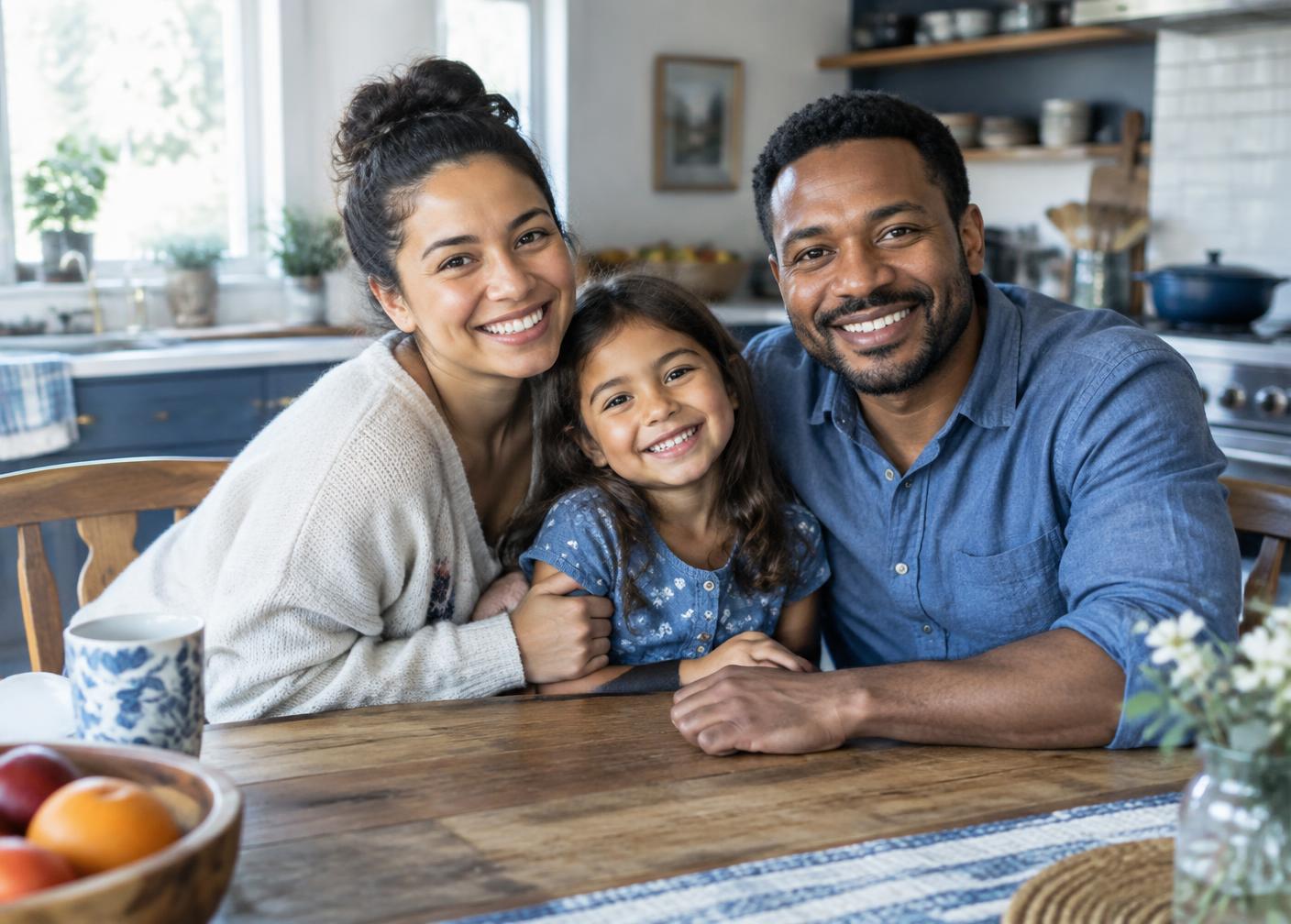 Parents and their daughter together at their kitchen table